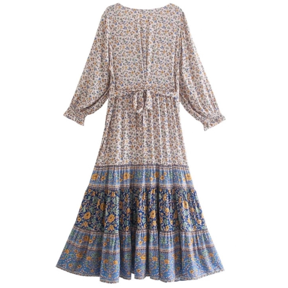 Bohemian Gypsy Floral Print Puff Short Sleeve Dress - Picture 5 of 6